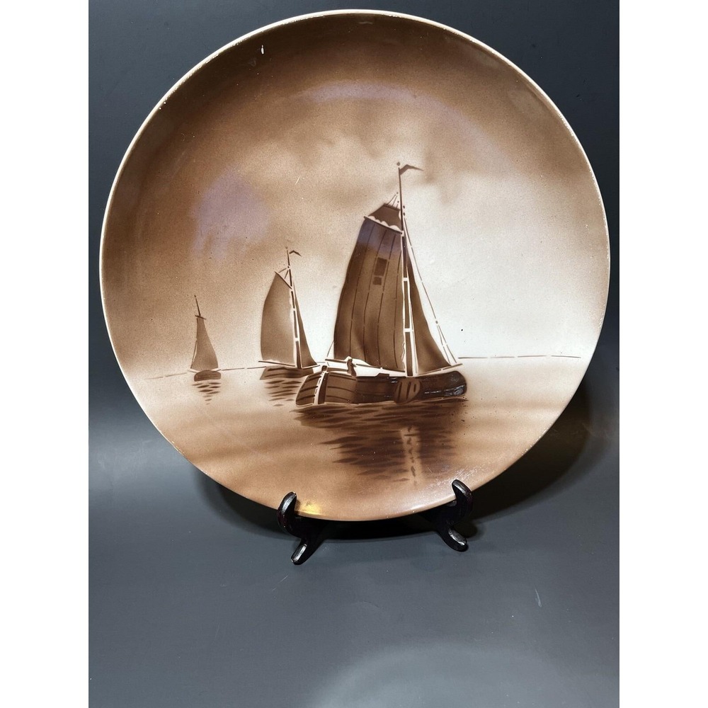 Société Céramique pre-1958 Maestricht Sepia Plate Sailboats Ships Holland 13"